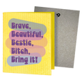 Load image into Gallery viewer, Bright yellow swedish sponge cloth with purple brave beautiful bestie bitch bring it text on colorful gradient background