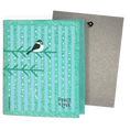 Load image into Gallery viewer, Teal and light blue striped reusable swedish sponge cloth with black and white chickadee on green branches peace and love print