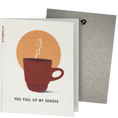 Load image into Gallery viewer, Clards eco-friendly greeting card - coffee cup illustration and text 'You fuel up my senses' on a white background - turns into 2 reusable sponge cleaning cloths.