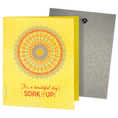 Load image into Gallery viewer, Yellow rectangular swedish sponge cloth with colorful mandala and its a beautiful day soak it up text, two reusable cleaning cloths