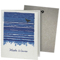 Load image into Gallery viewer, Clards eco-friendly greeting card - blue wave design and whale illustration, featuring the text 'Make Waves'. - turns into 2 reusable sponge cleaning cloths.