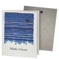 Load image into Gallery viewer, Clards eco-friendly greeting card - blue wave design and whale illustration, featuring the text 'Make Waves'. - turns into 2 reusable sponge cleaning cloths. Swedish dishcloth greeting card clards.com
