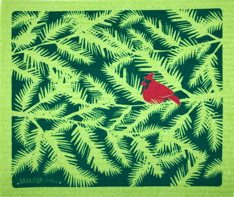 Red Cardinal Evergreen Branches Apple - Swedish Dishcloths