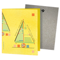 Load image into Gallery viewer, Yellow rectangular reusable cleaning cloth with geometric green orange blue shapes and spread joy text holiday greeting