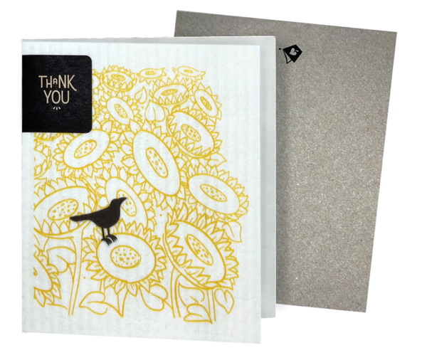 Status Crow with Sunflowers Clards—Greetings that Clean Up -
