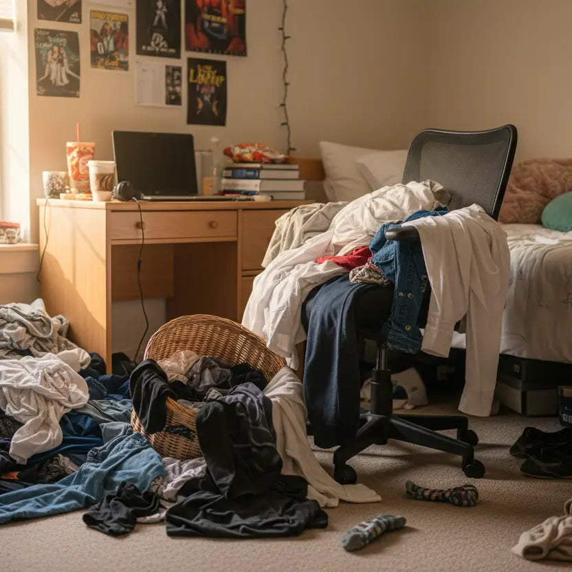 A wicker laundry basket overflowing with clothes showing how college students often delay laundry without care packages
