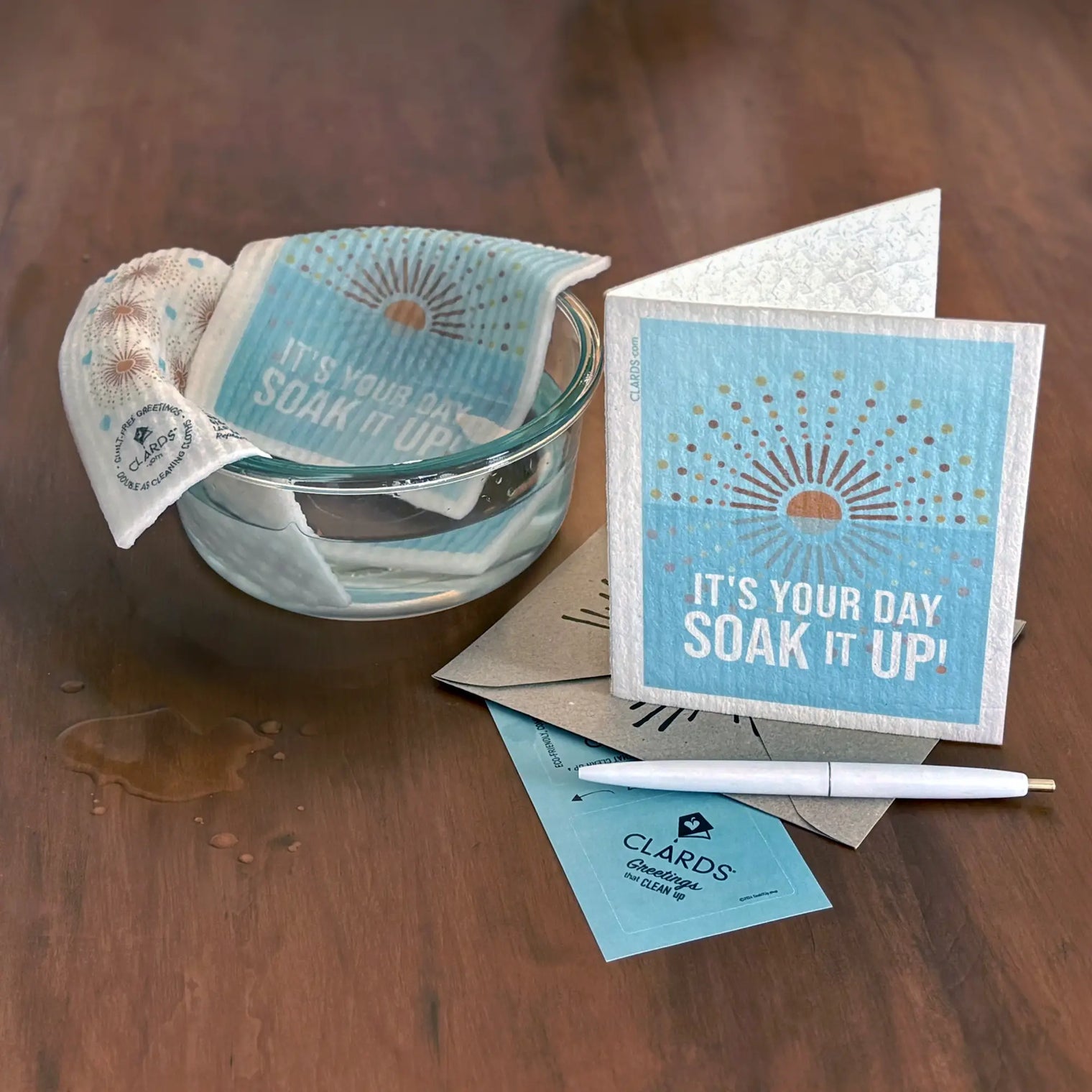eco-friendly greeting cards that turn into reusable cleaning cloths. Patented Clards® at Soakitup.shop