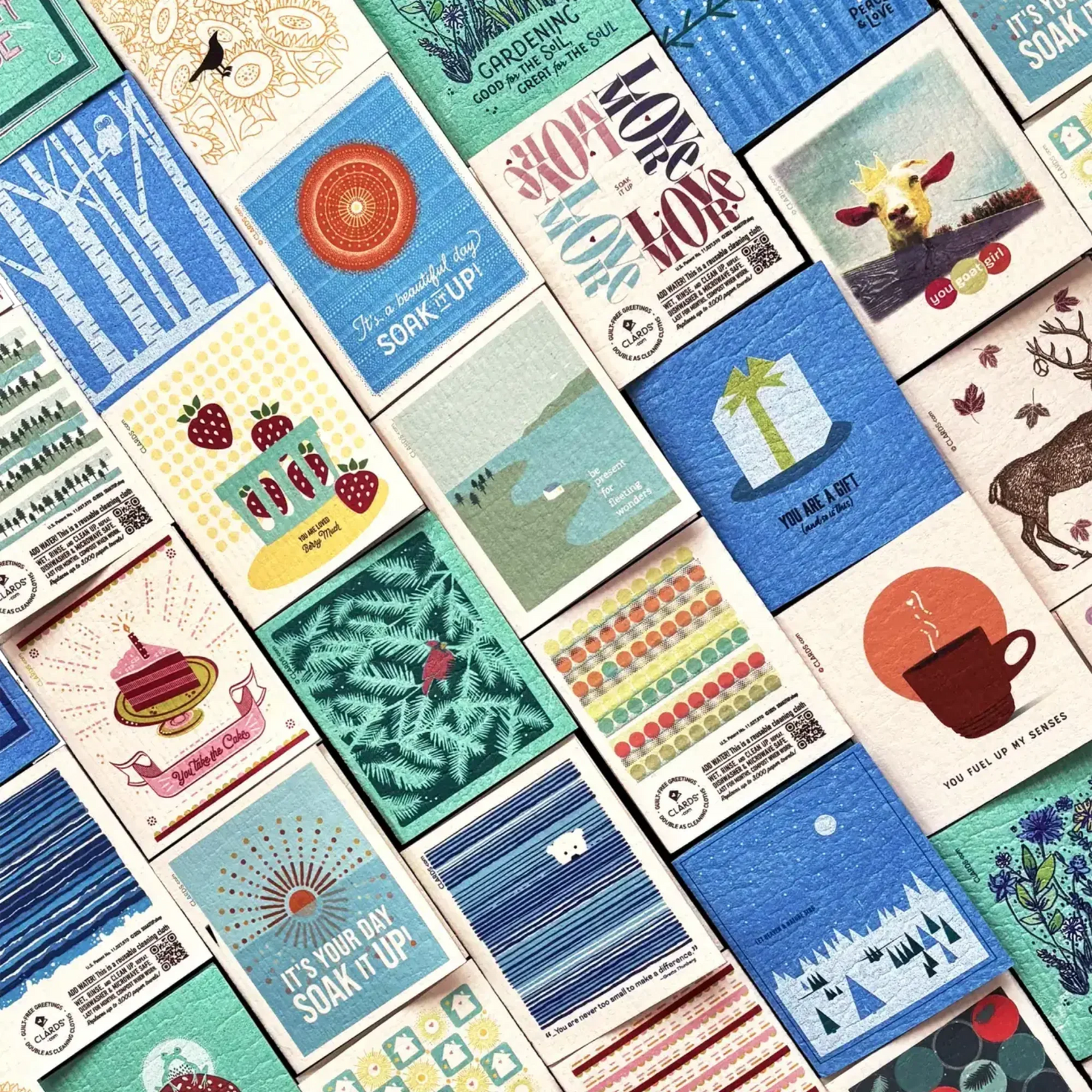 A collection of colorful textured eco-friendly paper napkins with whimsical designs showing meraki in a sustainable home after years of use