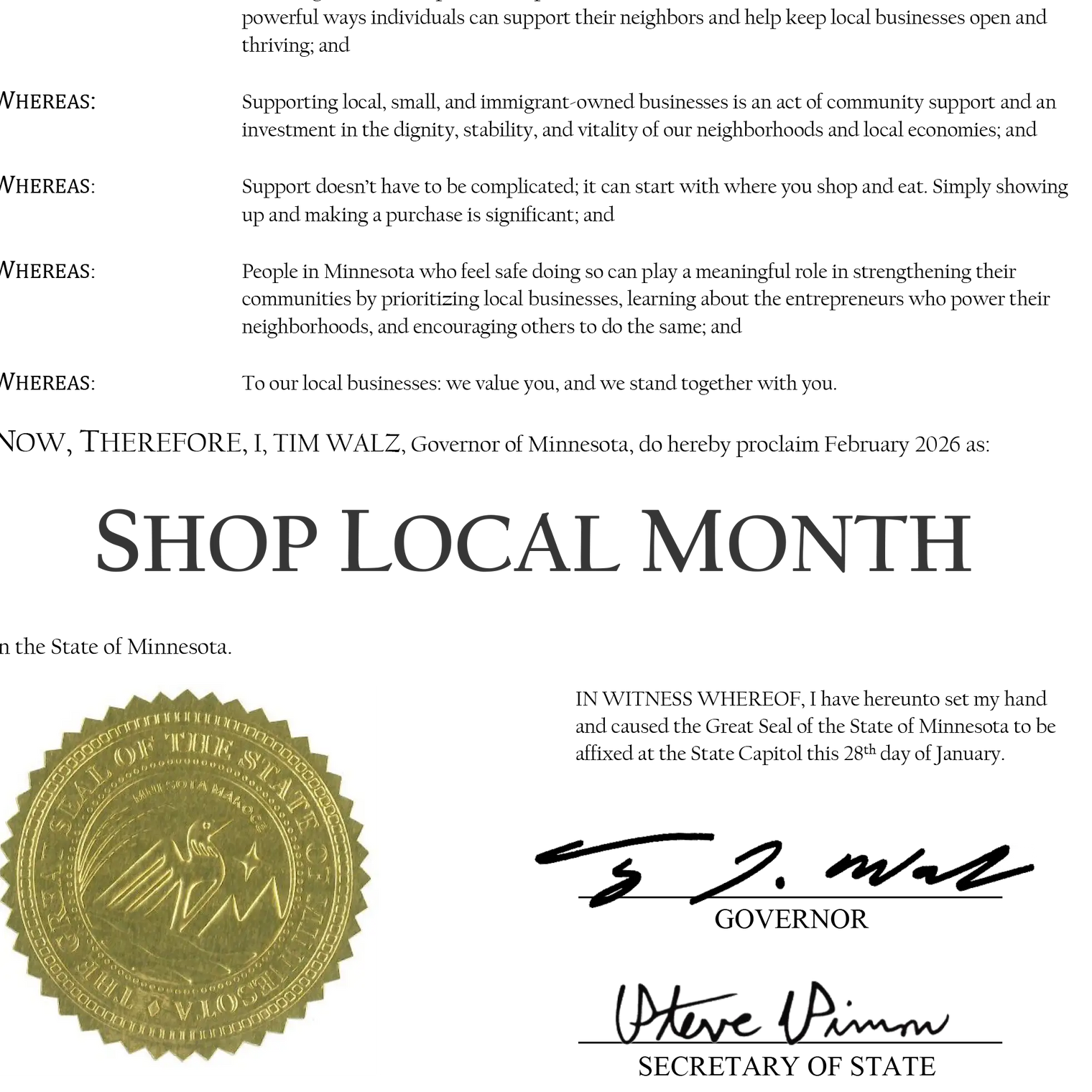 Minnesota proclamation SHOP LOCAL MONTH Feb. 2026
