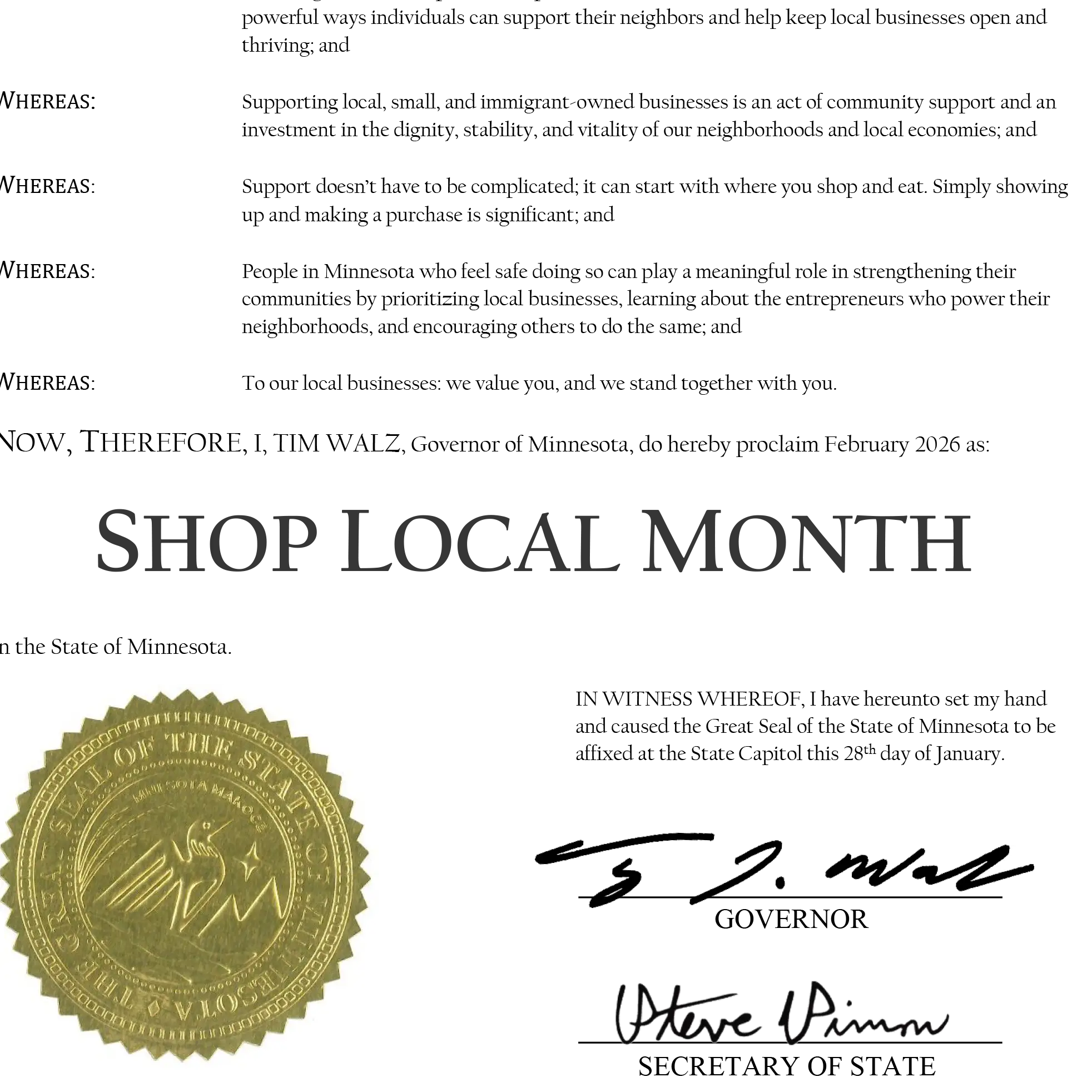 Minnesota proclamation SHOP LOCAL MONTH Feb. 2026