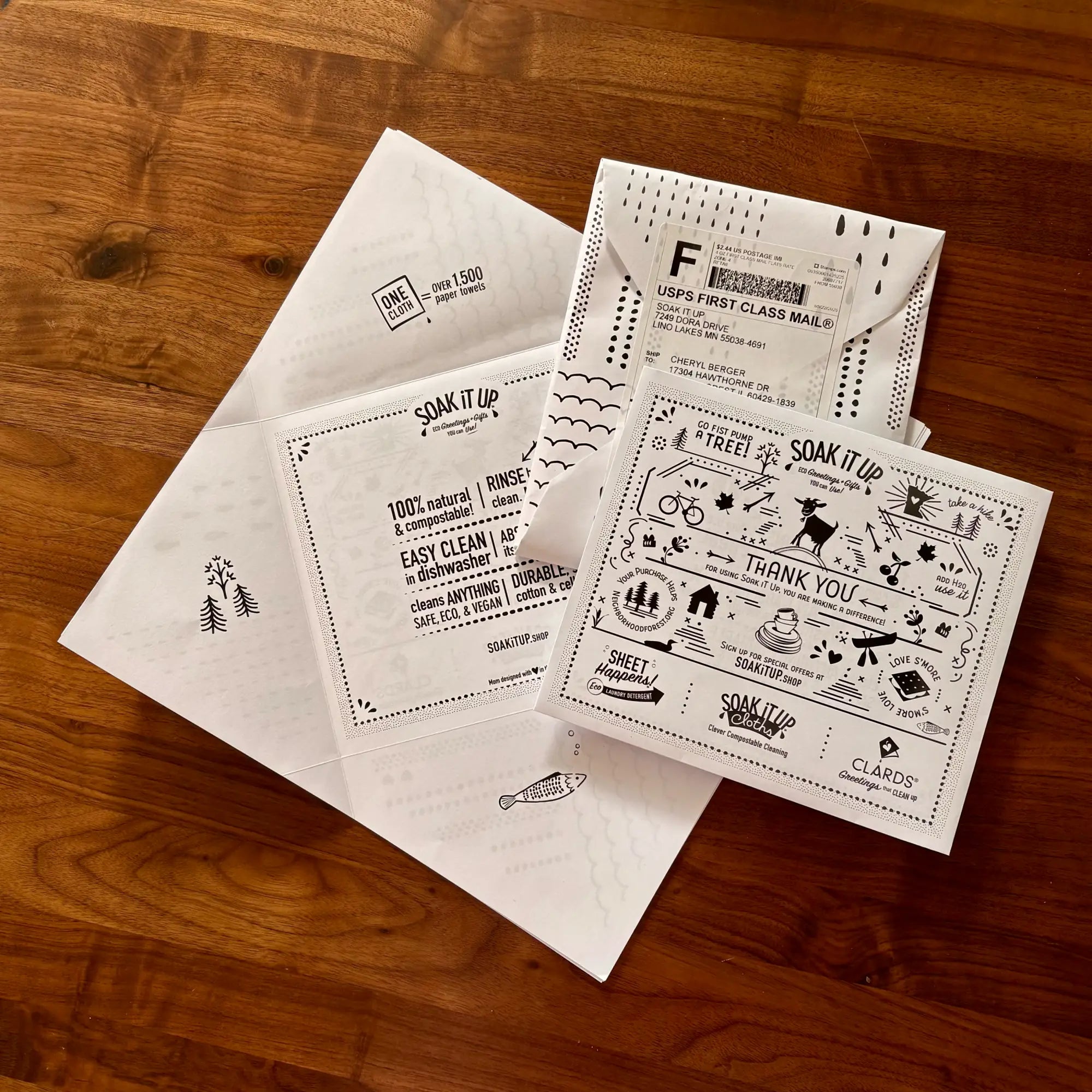 White paper envelopes with black ink designs from soakitup feature eco-friendly packaging for sustainable home use