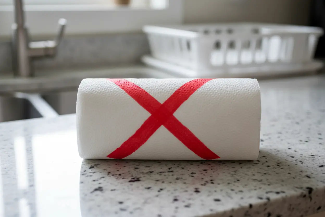 A white textured paper towel roll marked with a bold red x showing what is not a real swedish dishcloth