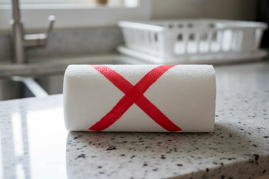 A white textured paper towel roll marked with a bold red x showing what is not a real swedish dishcloth