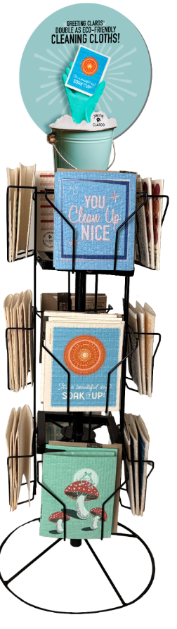 Display stand Clards® greetings that turn into reusable cleaning cloths
