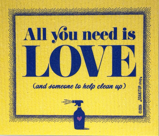 Blue spray bottle with heart detail next to all you need is love swedish dishcloths perfect for wedding shower cleanup