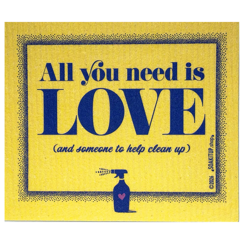 Blue spray bottle with heart detail next to all you need is love swedish dishcloths perfect for wedding shower cleanup