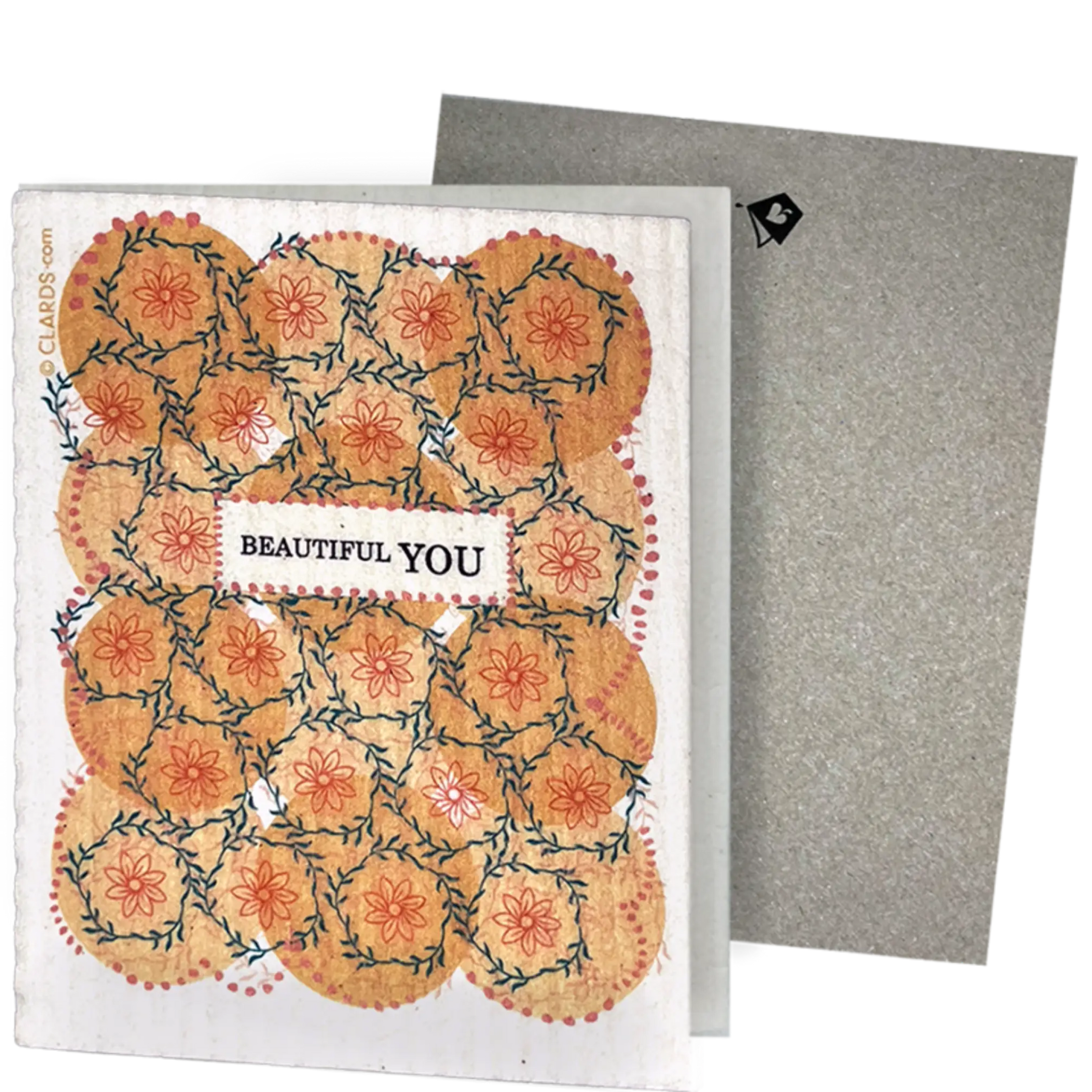Clards eco-friendly greeting card -  floral pattern and 'Beautiful You' text - turns into 2 reusable sponge cleaning cloths.  