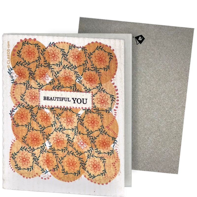 Clards eco-friendly greeting card -  floral pattern and 'Beautiful You' text - turns into 2 reusable sponge cleaning cloths.  