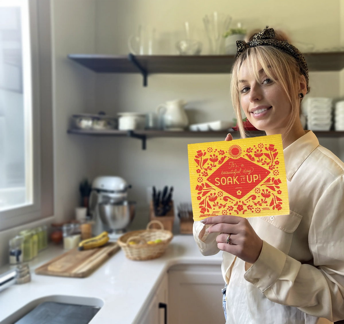 Yellow and red floral sponge with betty white quote and inspiring quote perfect eco paper towels alternative for women