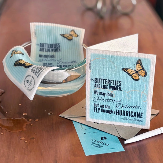 Butterfly-themed greeting card with Betty White quote turns into a reusable cleaning cloth. 