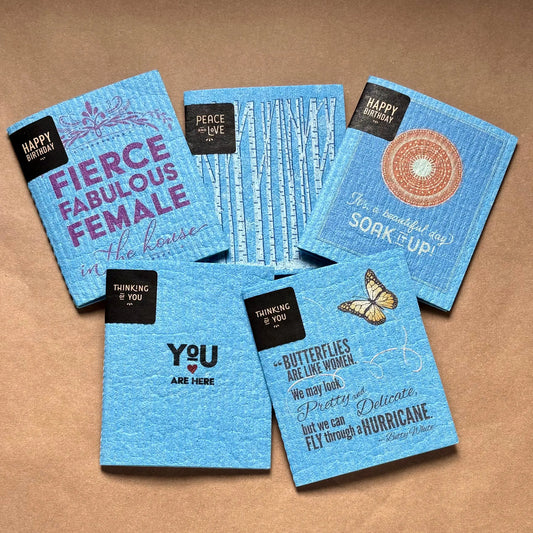 Set of blue greeting Clards greetings that turn into reusable cleaning cloths, Swedish dishcloths with various messages soakitup.shop