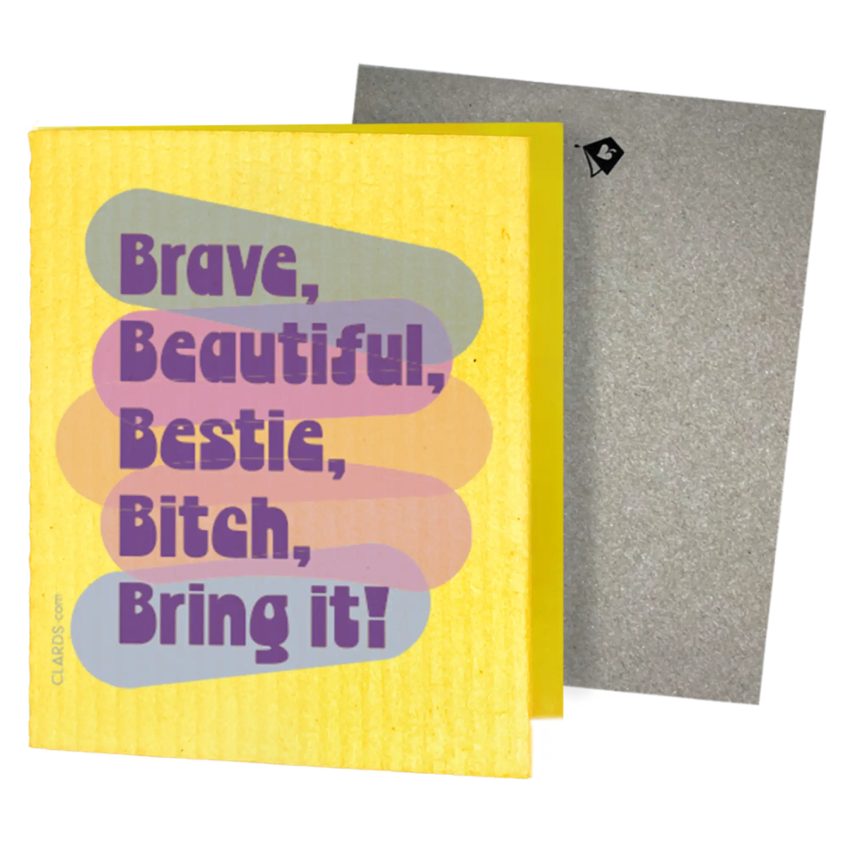 Bright yellow swedish sponge cloth with purple brave beautiful bestie bitch bring it text on colorful gradient background
