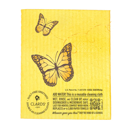 Yellow reusable sponge cloth with black and orange butterfly design perfect for eco cleaning with two reusable swedish sponge cloths