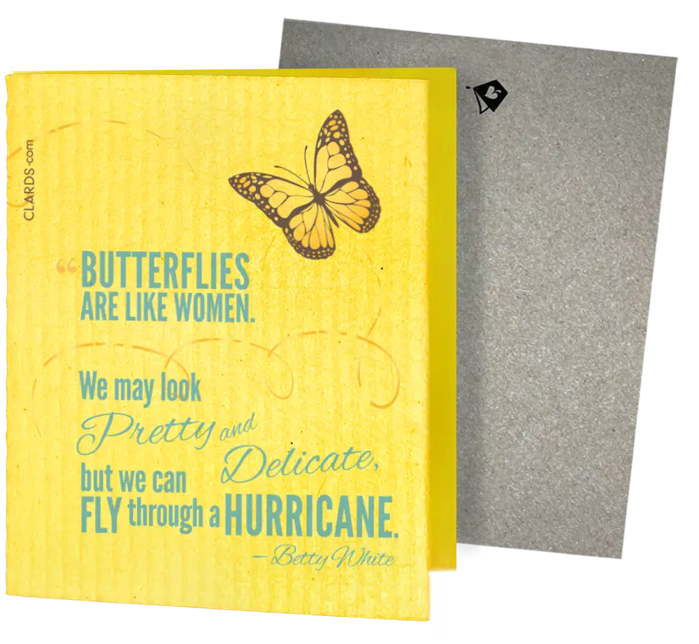 Yellow sponge cloth with butterfly print and teal betty white quote featuring two reusable swedish sponge cloths