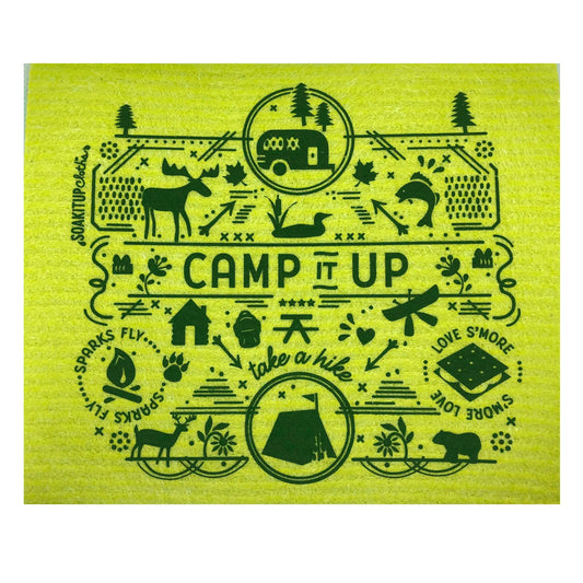 Green Swedish dishcloth with green camping-themed designs and Camp It Up take a hike, sparks fly, love s'more text.