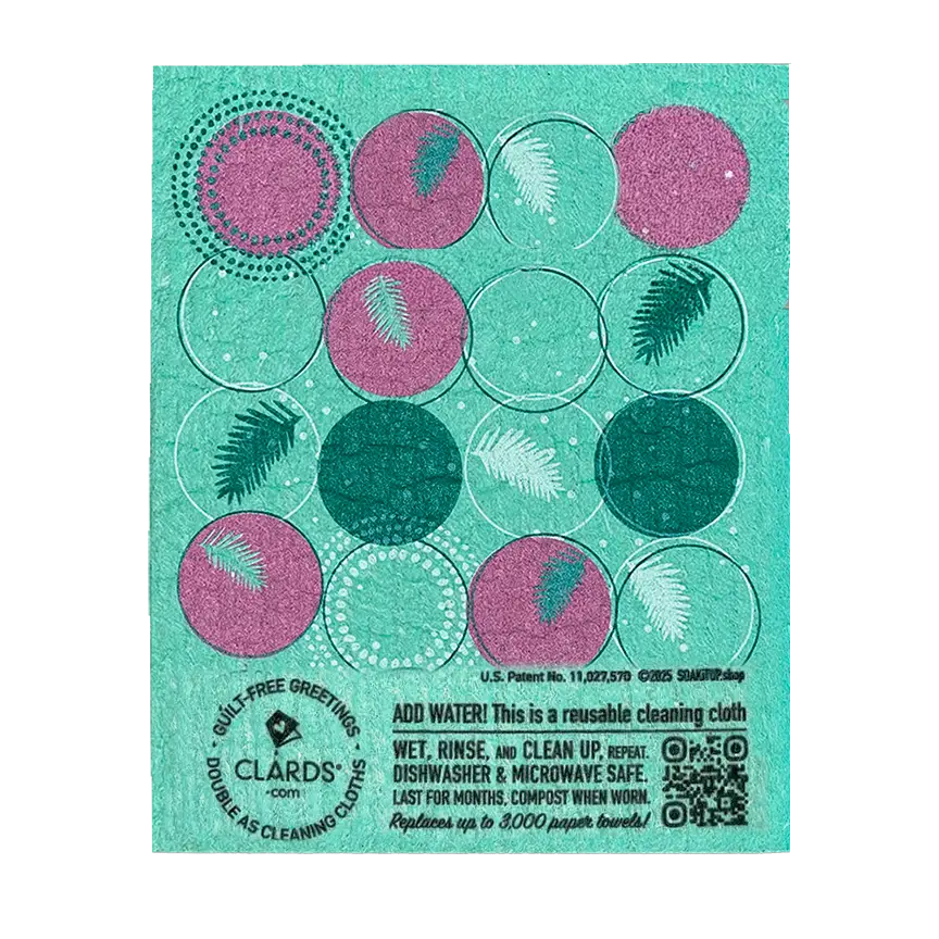Teal and pink circular patterned reusable swedish sponge cloth with leaf design from cardinal branches eco greetings turn cleaning cloths