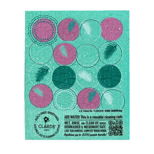 Teal and pink circular patterned reusable swedish sponge cloth with leaf design from cardinal branches eco greetings turn cleaning cloths