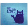 Load image into Gallery viewer, Blue Swedish dishcloth with cute cat "caution kind of crazy cat person close by"
