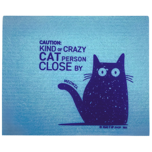 Blue Swedish dishcloth with cute cat "caution kind of crazy cat person close by"
