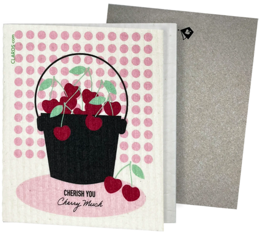 Clards eco-friendly greeting card - Cherry bucket polka dot backgound - turns into 2 reusable sponge cleaning cloths.
