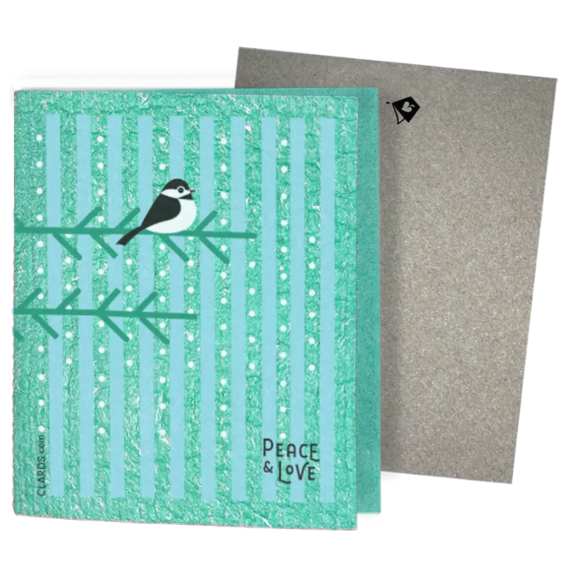 Teal and light blue striped reusable swedish sponge cloth with black and white chickadee on green branches peace and love print