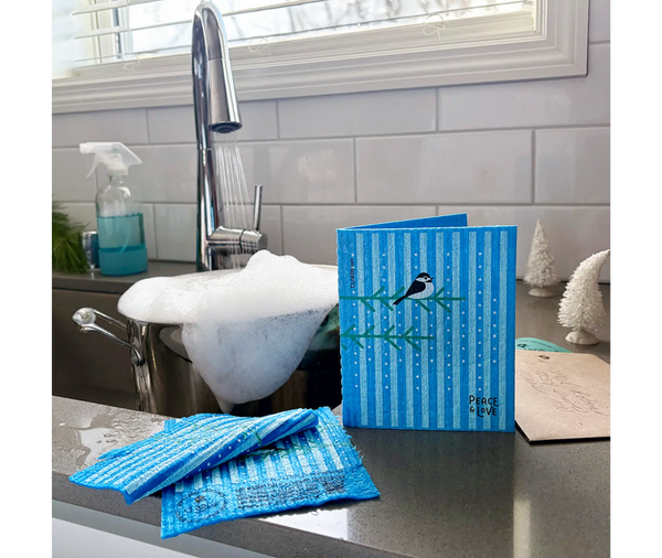Chickadee Peace & Love Greeting Turns Into a Cleaning Cloth