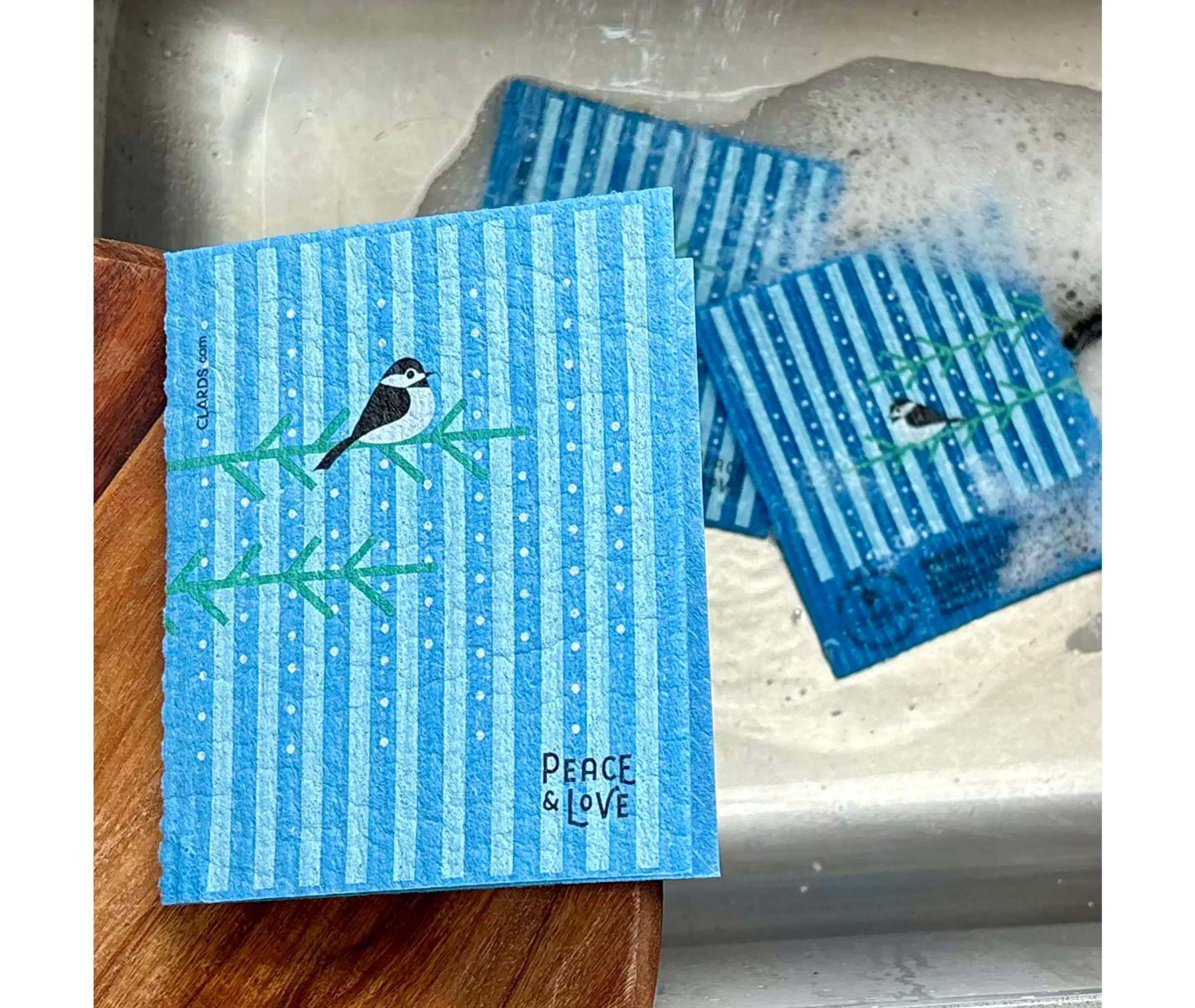 Chickadee Peace & Love Greeting Turns Into a Cleaning Cloth