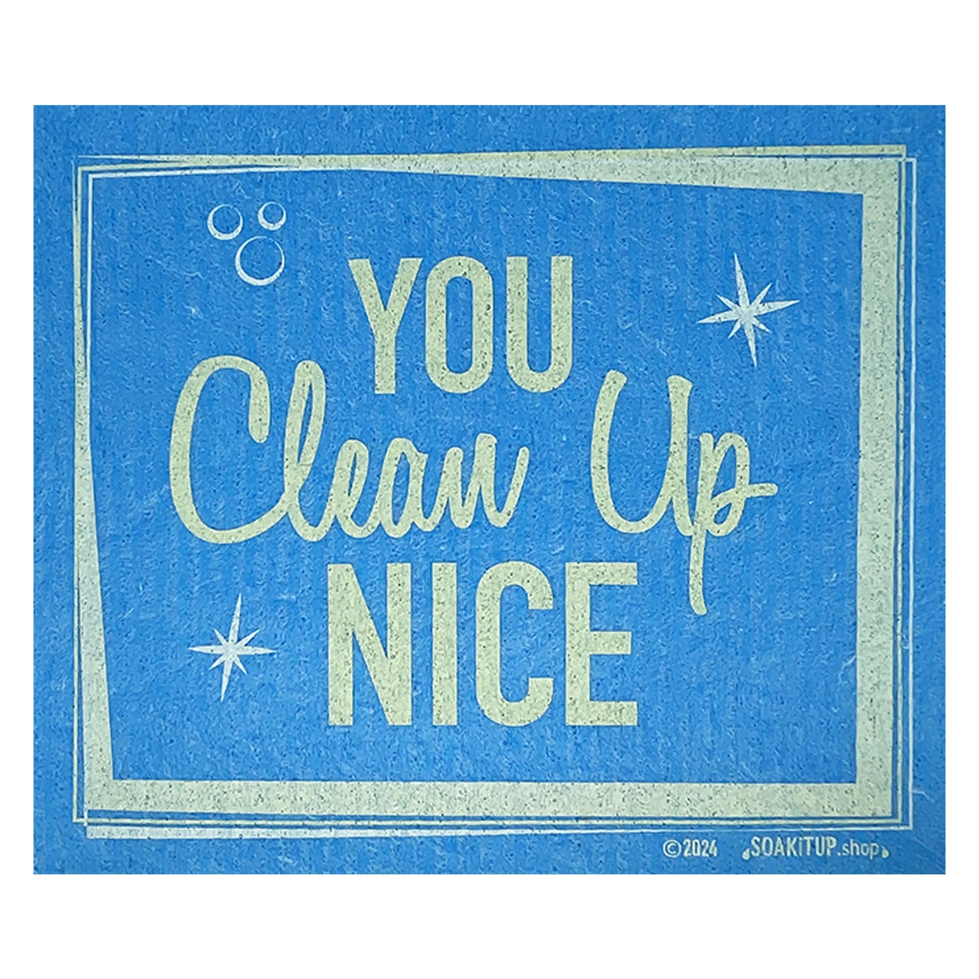 Blue textured bright colored swedish sponge cloth with clever compostable cleaning text you clean up nice and stars