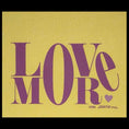 Load image into Gallery viewer, A square Swedish dishcloth featuring the word 'LOVE' in large purple serif letters over a textured mustard-yellow background, with 'MORE' in matching purple below and a small purple heart at the bottom right. Small copyright text reads '©2026 SOAKITUP.

