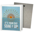 Load image into Gallery viewer, Greeting Clards® with sun design and text 'It's your day, soak it up!' on a blue background with envelope. Greetings that turn into reusable cleaning cloths. Soakitup.shop
