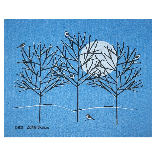 Five Chickadees on Frosted Branches - Swedish Dishcloths