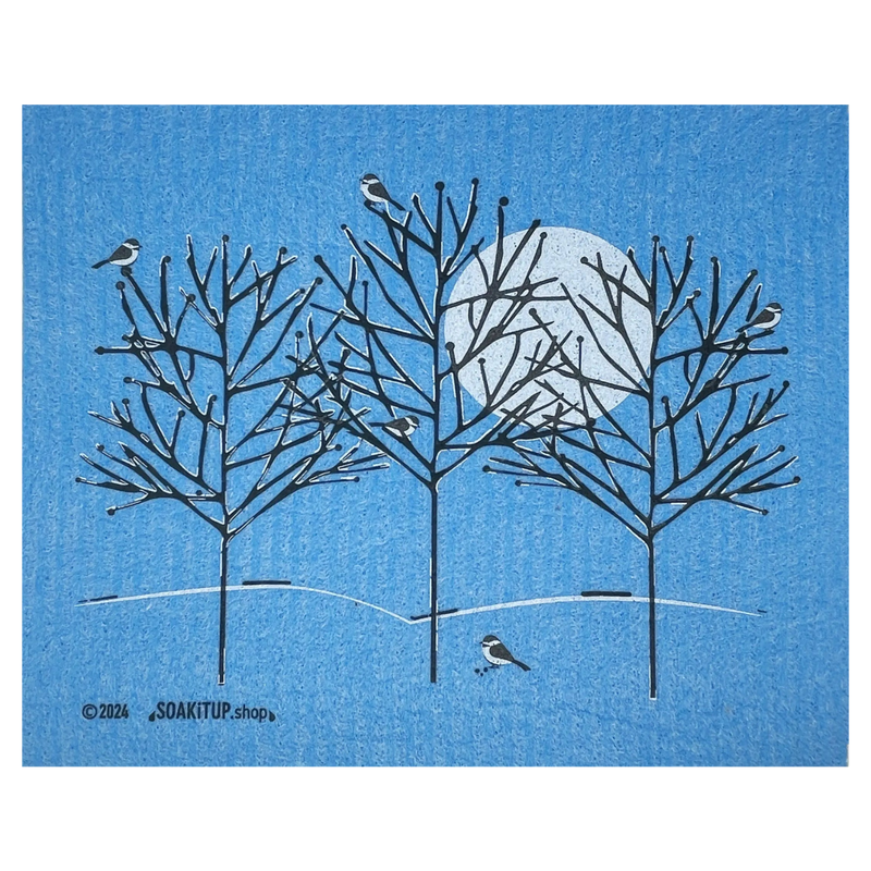 Five Chickadees on Frosted Branches - Swedish Dishcloths