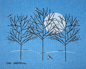 Five Chickadees on Frosted Branches - Swedish Dishcloths