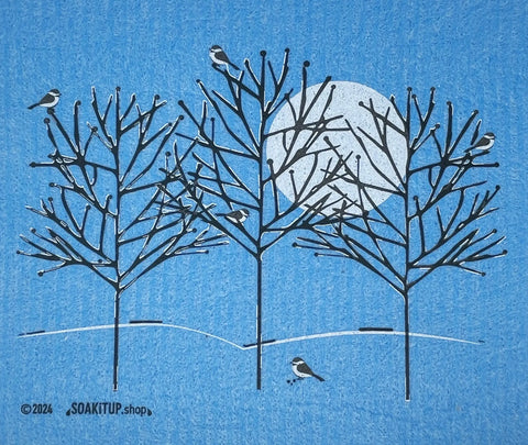 Five Chickadees on Frosted Branches - Swedish Dishcloths