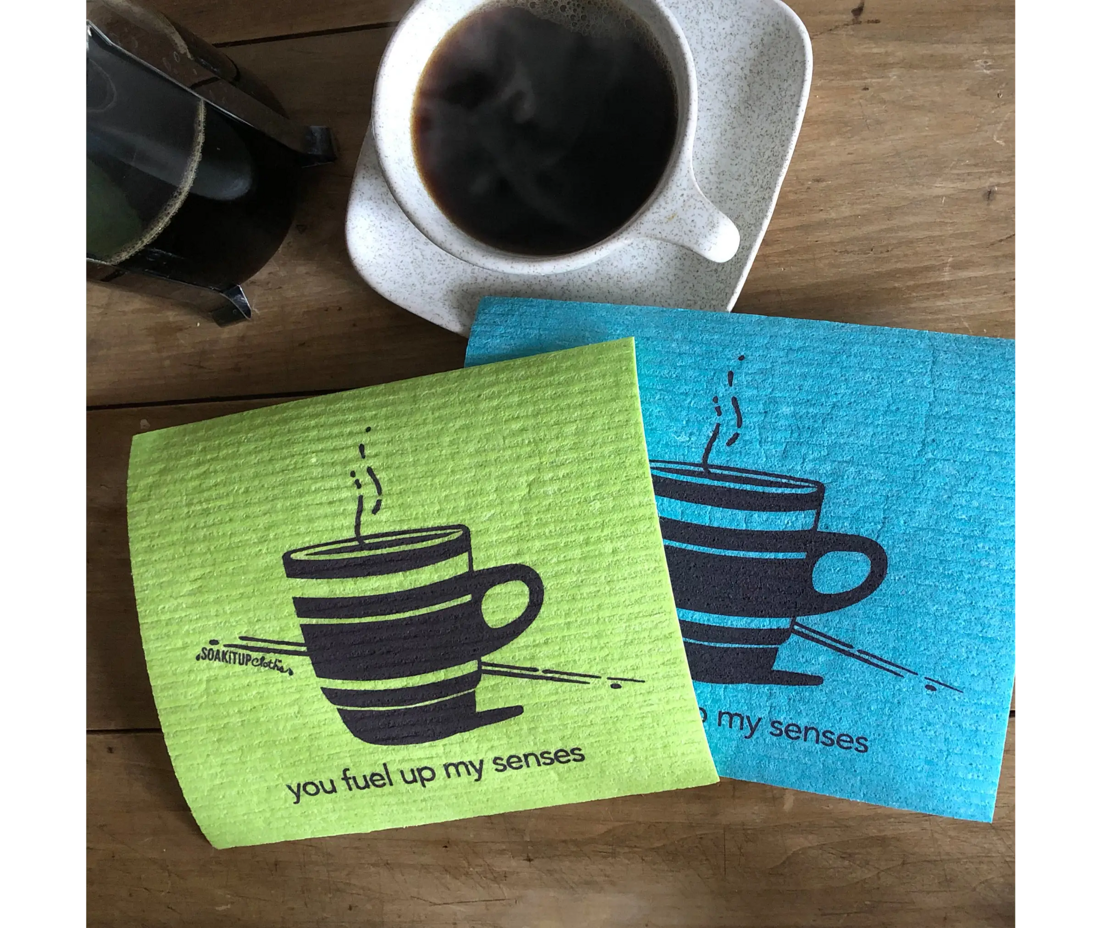 you fuel up my senses—coffee in teal - Swedish Dishcloths