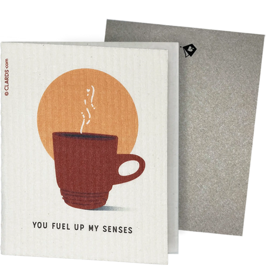 Clards eco-friendly greeting card - coffee cup illustration and text 'You fuel up my senses' on a white background - turns into 2 reusable sponge cleaning cloths.