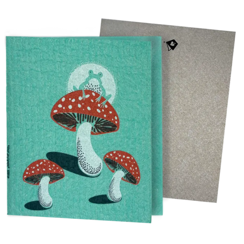  Clards eco-friendly greeting card - Fungi Frog on red polka dot mushroom green card  - turns into 2 reusable sponge cleaning cloths