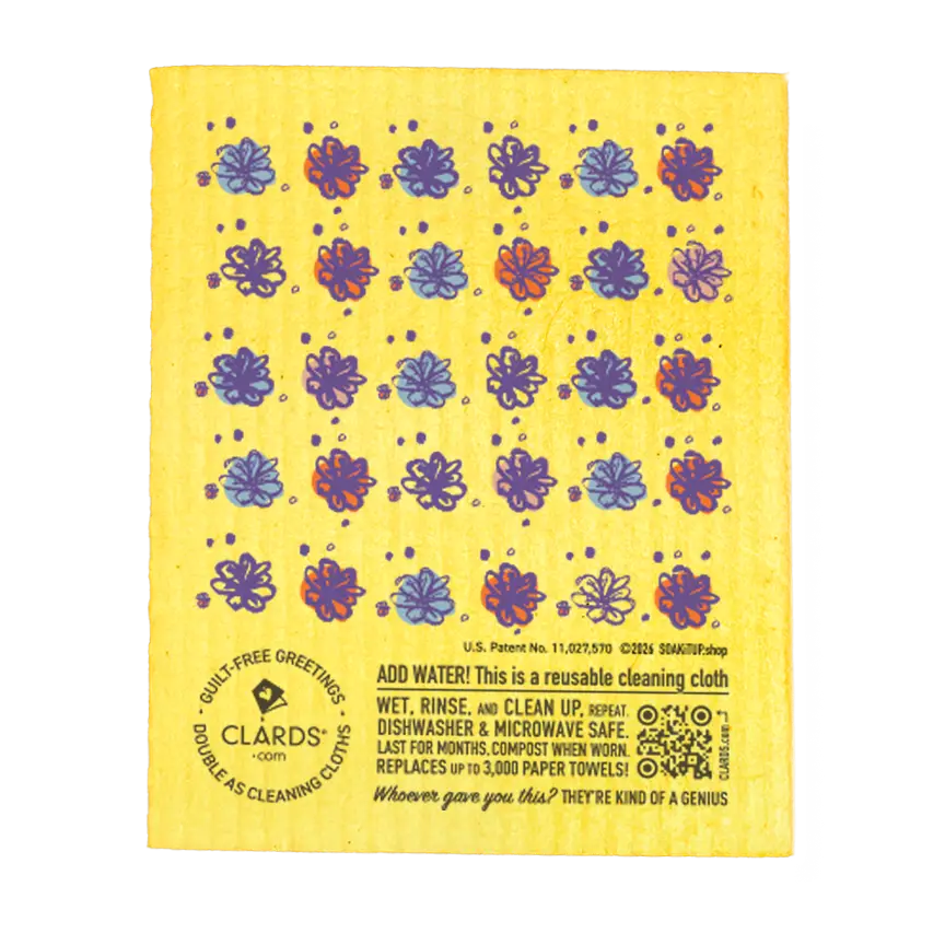 Yellow reusable cleaning cloth with blue and purple flowers made from eco-friendly swedish sponge cloths for gardening use