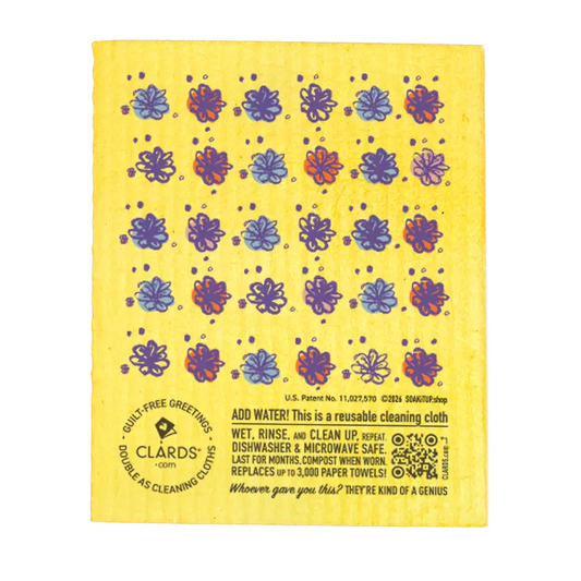 Yellow reusable cleaning cloth with blue and purple flowers made from eco-friendly swedish sponge cloths for gardening use