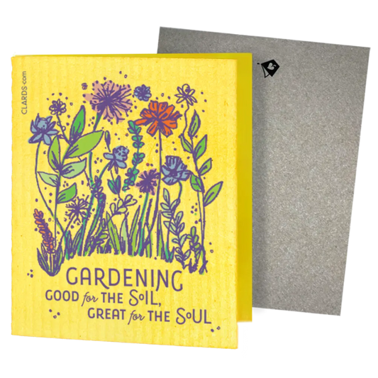 Yellow floral-patterned swedish sponge cloth with gardening good for the soil great for the soul text and black logo on back
